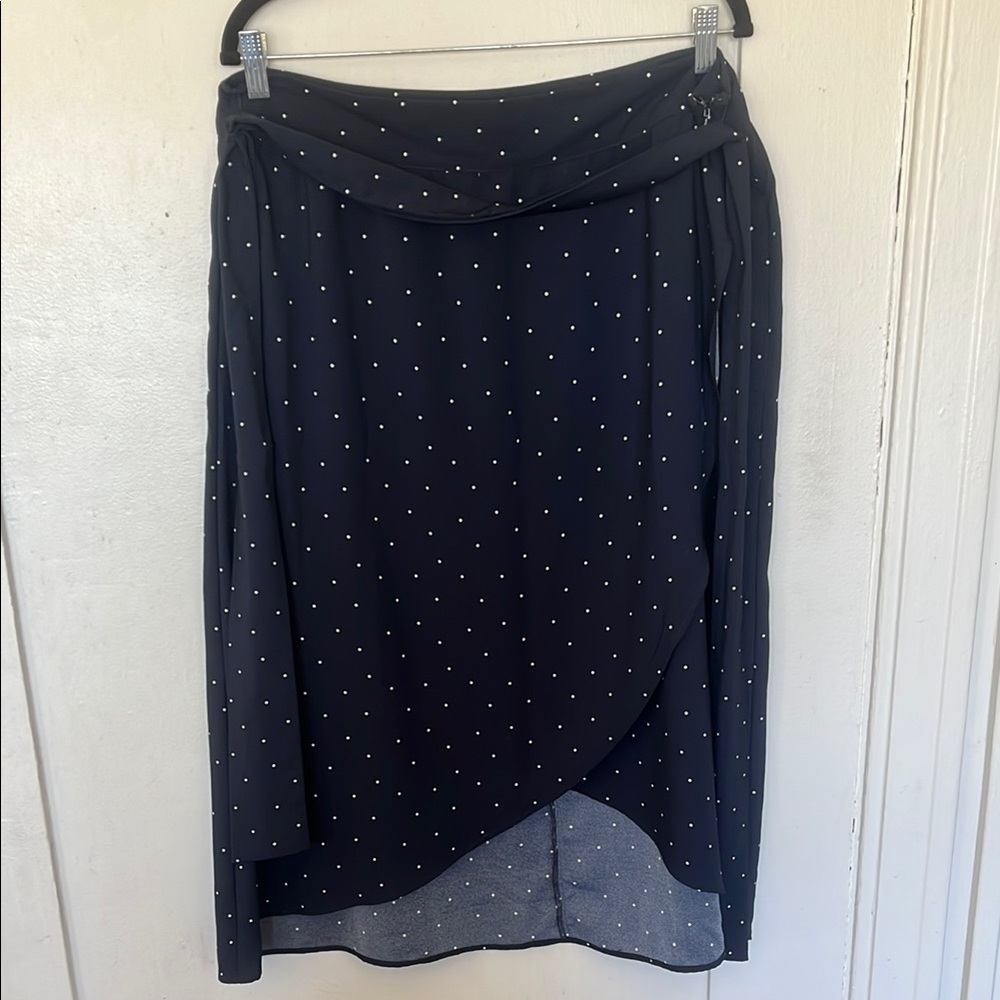 3/$25 LOFT Blue Midi Faux-Wrap Skirt Asymmetrical Polka Dots